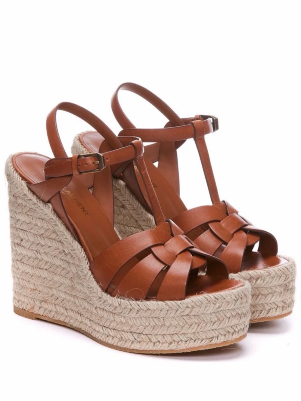 Saint Laurent Tribute Women's Brown Leather Espadrille Wedge Sandals 37